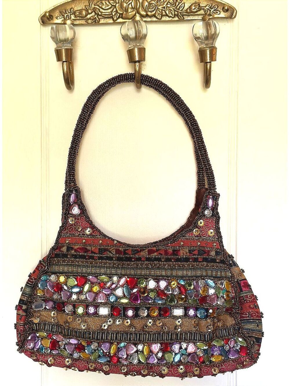 Vintage Y2K Beaded Gemstone Baguette Shoulder Bag Boho Festival